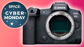 Canon EOS R5 and cyber monday badge on pink background