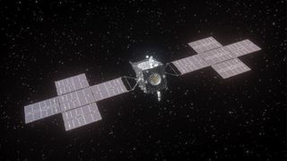illustration of spacecraft with two solar panels with stars and black space in behind